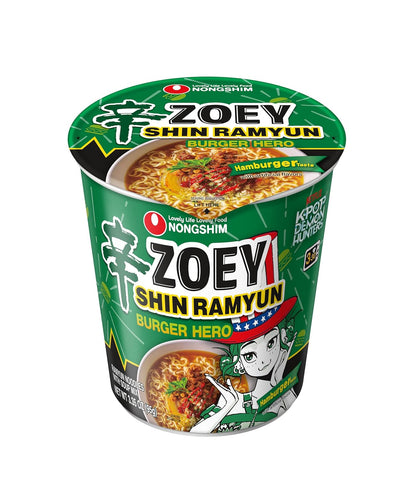 Nongshim Shin Ramyun Burger Hero, Spicy Instant Noodle Cup, Hamburger Taste, 3.35 oz (Pack of 6)