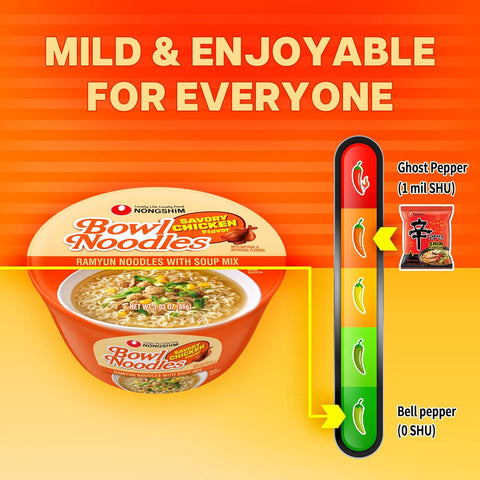 Nongshim Savory Chicken Noodle Soup Instant Ramen, 12 Pack, Microwaveable Bowl Soup Mix, Korean Ramyun with Cabbage & Carrots, Sabor a Pollo