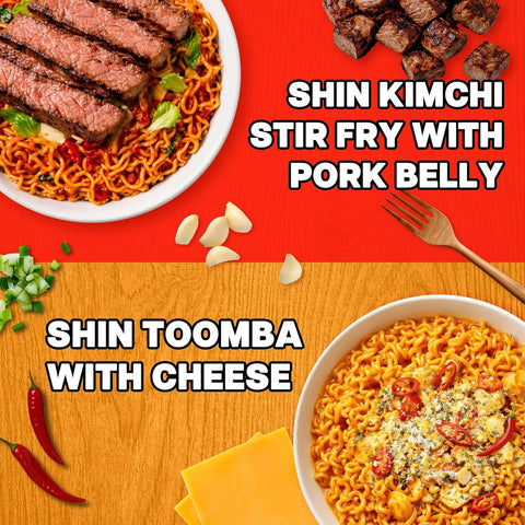 Nongshim Shin Ramyun Toomba & Shin Kimchi Stir Fry Variety Pack, Creamy & Spicy, Viral Toomba Flavored, Tangy Sweet and Spicy Kimchi, Viral Stir Fry Bundle, 8 Packs